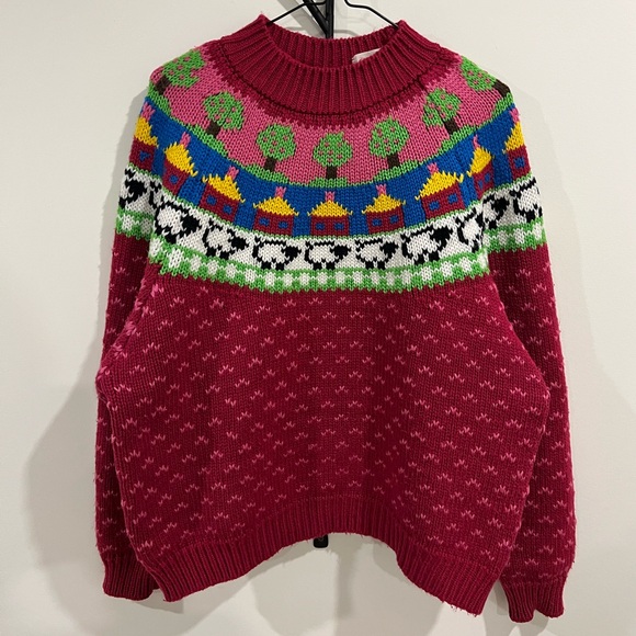 Northern Isles Sweaters - Vintage Fair Isle Women's Crew Neck Sweater with Trees and Sheep Pink Colourful